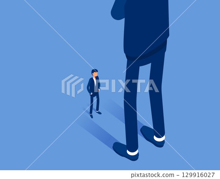 Face to face, small businessmen stand at the feet of giants . Flat isometric vector concept 129916027