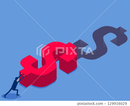 Making money business concept, businessman pushing huge dollar sign to fill the pit . Flat isometric vector concept 129916029