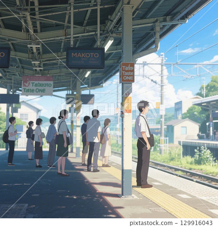 People waiting for the train on the station platform 129916043