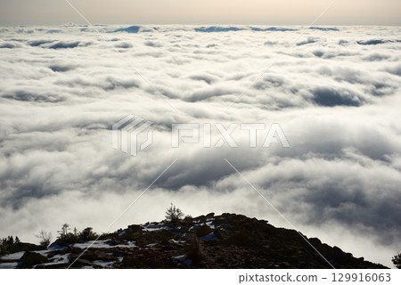 Snow-covered mountain slope with scattered rocks and trees. Landscape bathed in soft sunlight, while dense layer of clouds stretches out below, creating dramatic and ethereal scene. 129916063