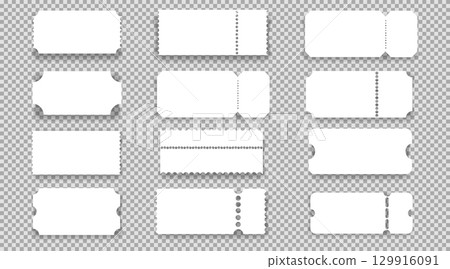 Collection Retro tickets, coupons or vouchers. Cinema concert paper tag with separation point empty template, label. Vintage shape raffle edge, frame border.  129916091
