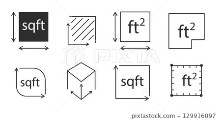 Square area measure line icon. Set Square foot ft size, space length symbol. Quantity area, m2 measuring area. Square area measure line icon. Set Square foot ft size, space length symbol. Quantity area, m2 measuring area. 129916097