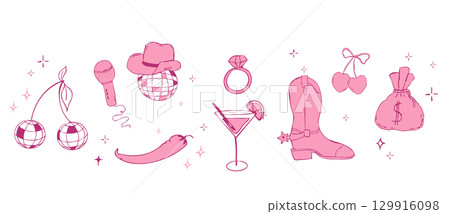 Border Disco ball y2k bachelorette party tattoo sketch. Disco ball pink with hat, vinyl, cherry disco set. Doodle shiny nightlife music illustration. Groovy 2000 party Border Disco ball y2k bachelorette party tattoo sketch. Disco ball pink with hat, vinyl, cherry disco set. Doodle shiny nightlife music illustration. Groovy 2000 party 129916098