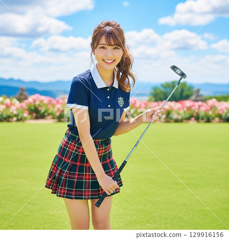 身穿高爾夫服裝（紅色格子裙和海軍藍襯衫）的女子，綁著馬尾辮，擺出揮桿姿勢 129916156