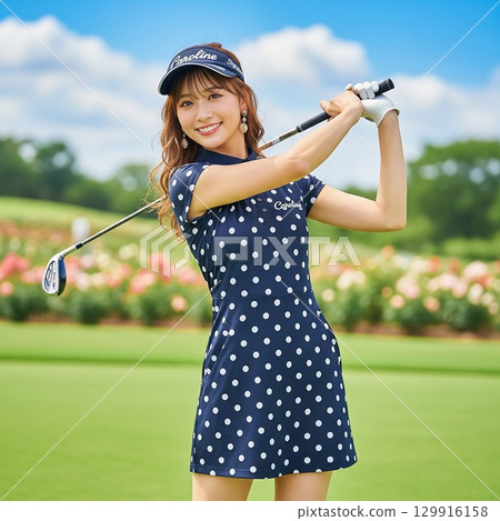 A woman in navy polka dot golf wear posing for a golf swing A woman in navy polka dot golf wear posing for a golf swing 129916158