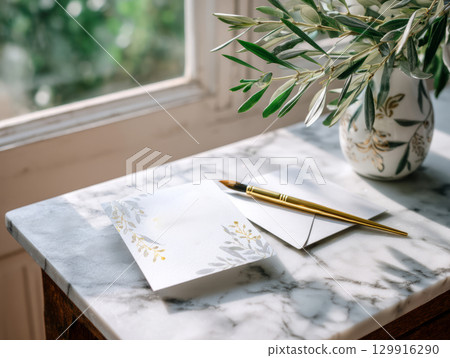 Wedding Card Mockup with Olive Branches and Calligraphy Brush Wedding Card Mockup with Olive Branches and Calligraphy Brush 129916290