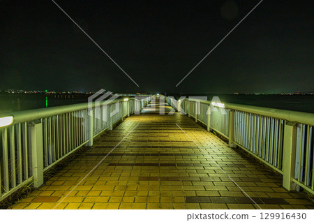 大津市琵琶湖畔延伸至湖面的散步道 129916430