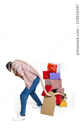 Man dragging rope with pile of shopping boxes and bags 129916487