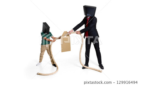 Child and businessman with paper bag heads playing tug of war over price tag Child and businessman with paper bag heads playing tug of war over price tag 129916494