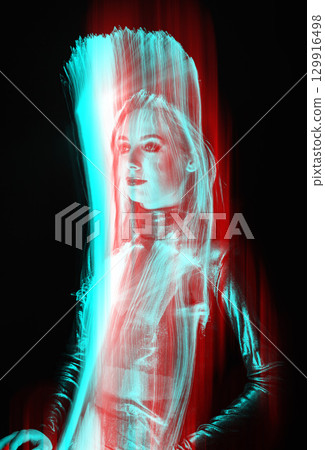 Abstract woman studio portrait with light painting technique in glitch and RGB color split effect style Abstract woman studio portrait with light painting technique in glitch and RGB color split effect style 129916498