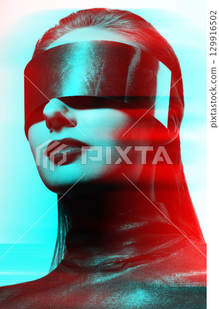 Abstract woman studio portrait with metallic glasses or helmet covering her eyes in RGB color split effect style 129916502