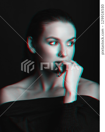 Beautiful woman with dark hair and blouse close-up studio portrait in RGB color split effect style Beautiful woman with dark hair and blouse close-up studio portrait in RGB color split effect style 129916580