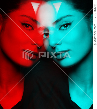 Beautiful woman with make-up close-up studio portrait in RGB color split effect style 129916696