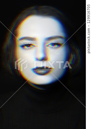 Beautiful woman with make-up and lipstick close-up studio portrait in RGB color split effect style 129916705