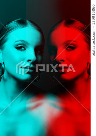 Woman portrait with classic hairstyle, naked shoulders and round earrings in RGB color split effect style 129916860