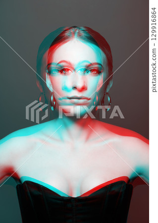 Beautiful woman portrait with classic hairstyle, naked shoulders, corset and round earring in RGB color split effect style 129916864