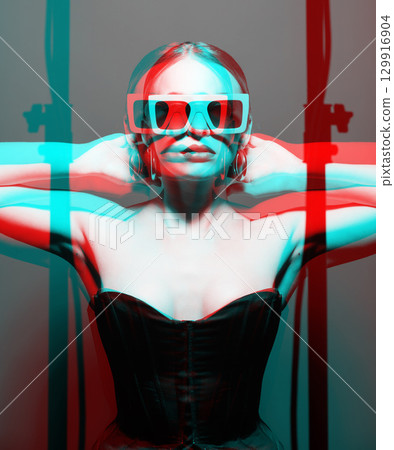 Woman portrait with classic hairstyle, retro sunglasses, lipstick, round earrings and black corset in RGB color split effect style Woman portrait with classic hairstyle, retro sunglasses, lipstick, round earrings and black corset in RGB color split effect style 129916904