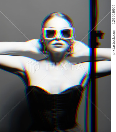 Woman portrait with classic hairstyle, retro sunglasses, lipstick, round earrings and black corset in RGB color split effect style Woman portrait with classic hairstyle, retro sunglasses, lipstick, round earrings and black corset in RGB color split effect style 129916905