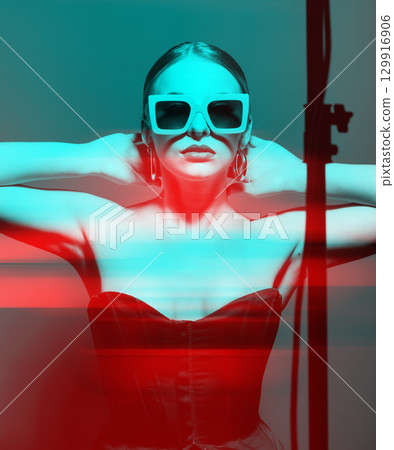 Woman portrait with classic hairstyle, retro sunglasses, lipstick, round earrings and black corset in RGB color split effect style 129916906