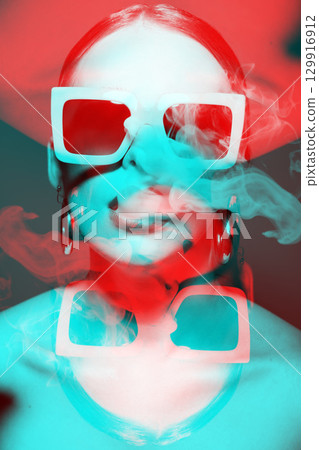Woman portrait with retro sunglasses blowing smoke from mouth in RGB color split effect style 129916912