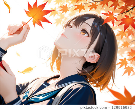 A school scene with a sailor-suited high school girl, a youthful autumn scene, and autumn leaves 129916983
