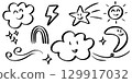 Cute hand drawn doodle illustration featuring happy clouds, smiling sun, moon, stars, rainbow, lightning, and decorative swirls. 129917032