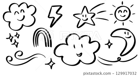 Cute hand drawn doodle illustration featuring happy clouds, smiling sun, moon, stars, rainbow, lightning, and decorative swirls. 129917032