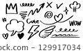 collection of hand drawn doodle elements including arrows, hearts, stars, clouds, lightning, and decorative lines. 129917034
