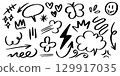 set of hand drawn doodle elements including hearts, arrows, stars, speech bubble, crown, lightning bolt, cloud, swirl lines, and decorative sketches. 129917035