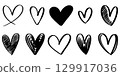 Collection of hand drawn heart doodles in different styles, black ink sketch, isolated on white background. 129917036
