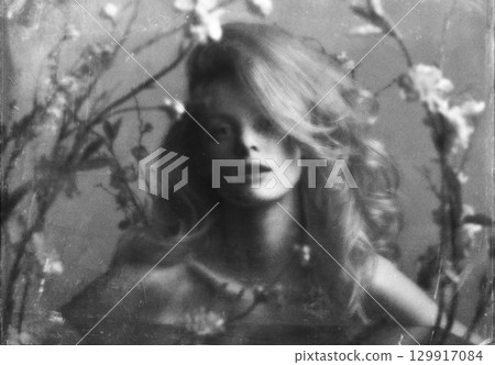 Beautiful woman with big wavy hair and flowers studio portrait in retro vintage style 129917084