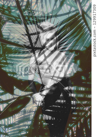 Beautiful woman with shining corset standing in jungles abstract collage portrait 129917309