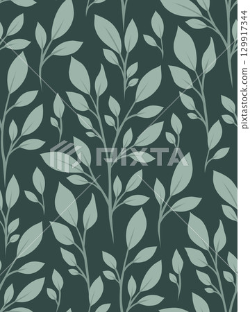 Vector seamless pattern with growing plants in minimal flat style on dark background. Nature texture with green branches 129917344
