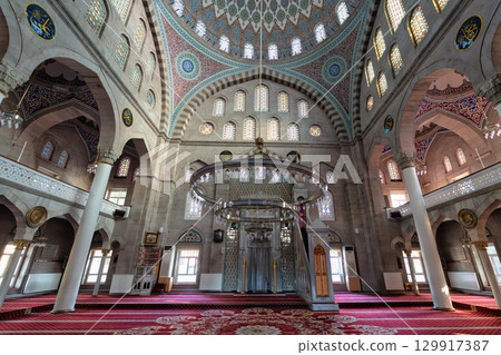 Interior of Burunguz Mosque, Turkish: Burunguz Camii, with ornate dome and stained glass, Kayseri, Turkey 129917387