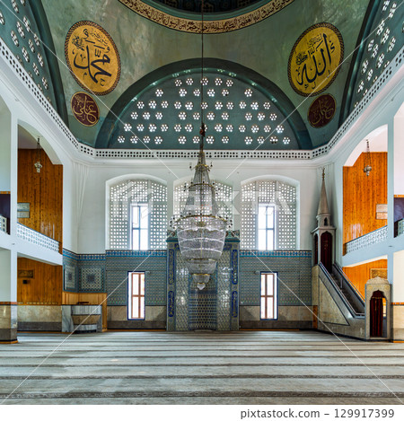 Eski Sanayi Camii Mosque Interior with Chandelier, Calligraphy, and Tiles, Kayseri, Turkey 129917399