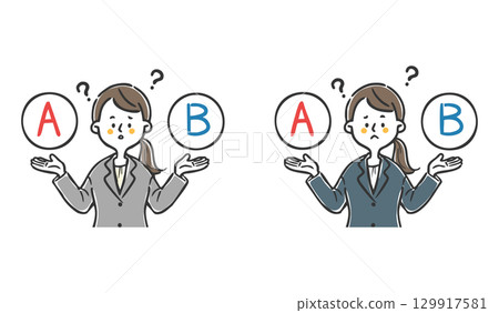 Female office worker struggling to make a choice, upper body, vector 129917581