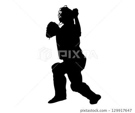 Vector silhouette of a catcher playing in a real game scene 129917647