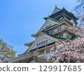 大阪城塔、櫻花和藍天 129917685