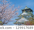 大阪城、櫻花和藍天 129917689