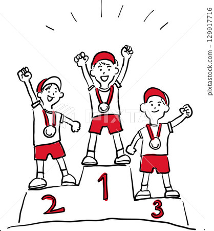 孩子們戴著獎牌站在頒獎台上的插圖 孩子們戴著獎牌站在頒獎台上的插圖 129917716