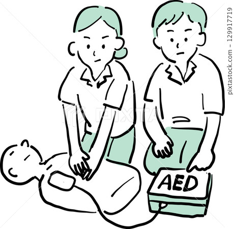 Illustration of people using an AED to provide life-saving treatment 129917719