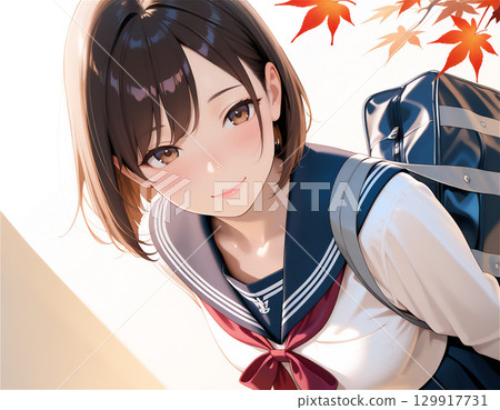 A school scene with a sailor-suited high school girl, a youthful autumn scene, and autumn leaves A school scene with a sailor-suited high school girl, a youthful autumn scene, and autumn leaves 129917731