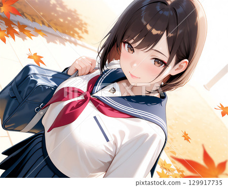 A school scene with a sailor-suited high school girl, a youthful autumn scene, and autumn leaves 129917735