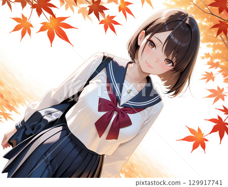 A school scene with a sailor-suited high school girl, a youthful autumn scene, and autumn leaves A school scene with a sailor-suited high school girl, a youthful autumn scene, and autumn leaves 129917741