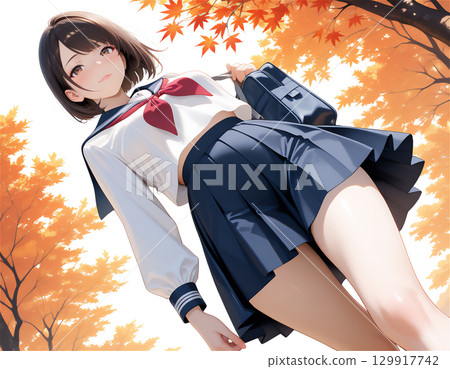 A school scene with a sailor-suited high school girl, a youthful autumn scene, and autumn leaves 129917742