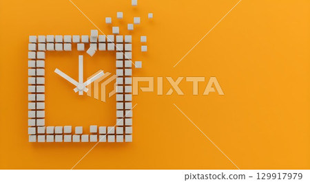 A striking 3d render of a white cube clock melting on an orange background.	 A striking 3d render of a white cube clock melting on an orange background.	 129917979
