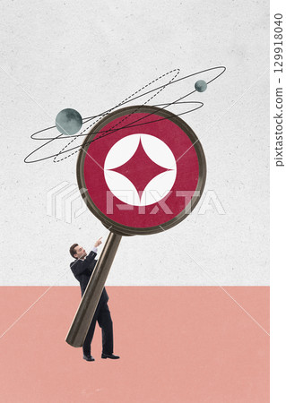 Creative collage with businessman pointing at giant magnifying glass with orbit planets research symbol 129918040