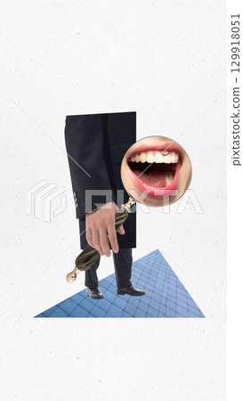 Creative digital artwork man holding magnifying glass with large mouth voice examination 129918051