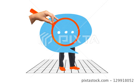 Colorful collage with blue chat bubble with magnifying glass and human legs communication study Colorful collage with blue chat bubble with magnifying glass and human legs communication study 129918052