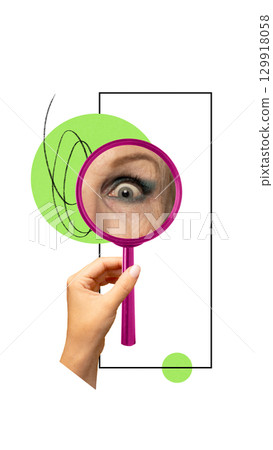 Minimalist collage with magnifying glass focusing on surprised human eye Minimalist collage with magnifying glass focusing on surprised human eye 129918058